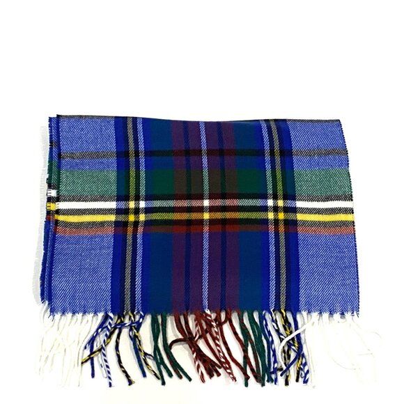 Scarf 100% Cashmere Blue Red Green Plaid Fringe Rectangular  Made In England - Picture 3 of 4